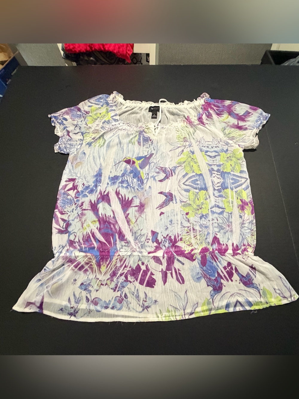 AB Studio White Floral Off-Shoulder Top with‎ Purple & Lime Accents